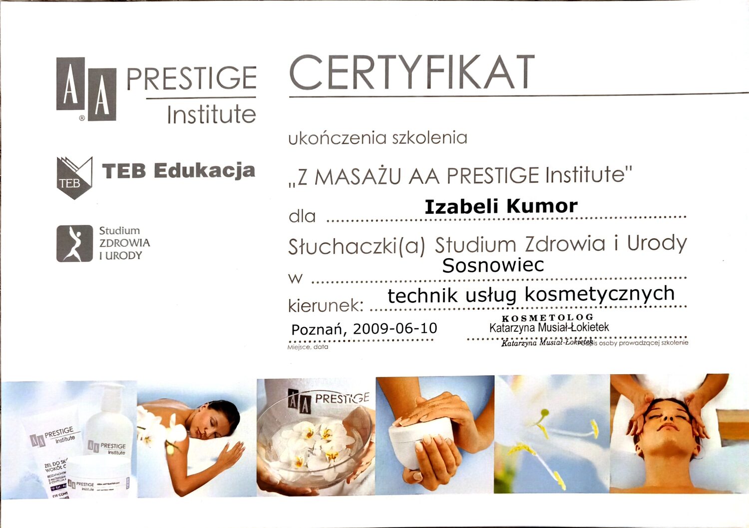 Certyfikat Izabeli Kumor: AA Prestige: masaż, 2009