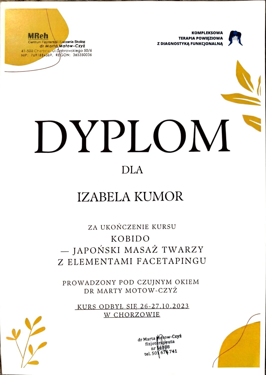 Certyfikat Izabeli Kumor: Kobido z elementami facetapingu, 2023